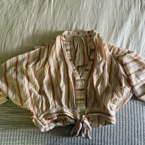 Anthropologie Striped Tie-Front Blouse in Cream, Yellow, Brown